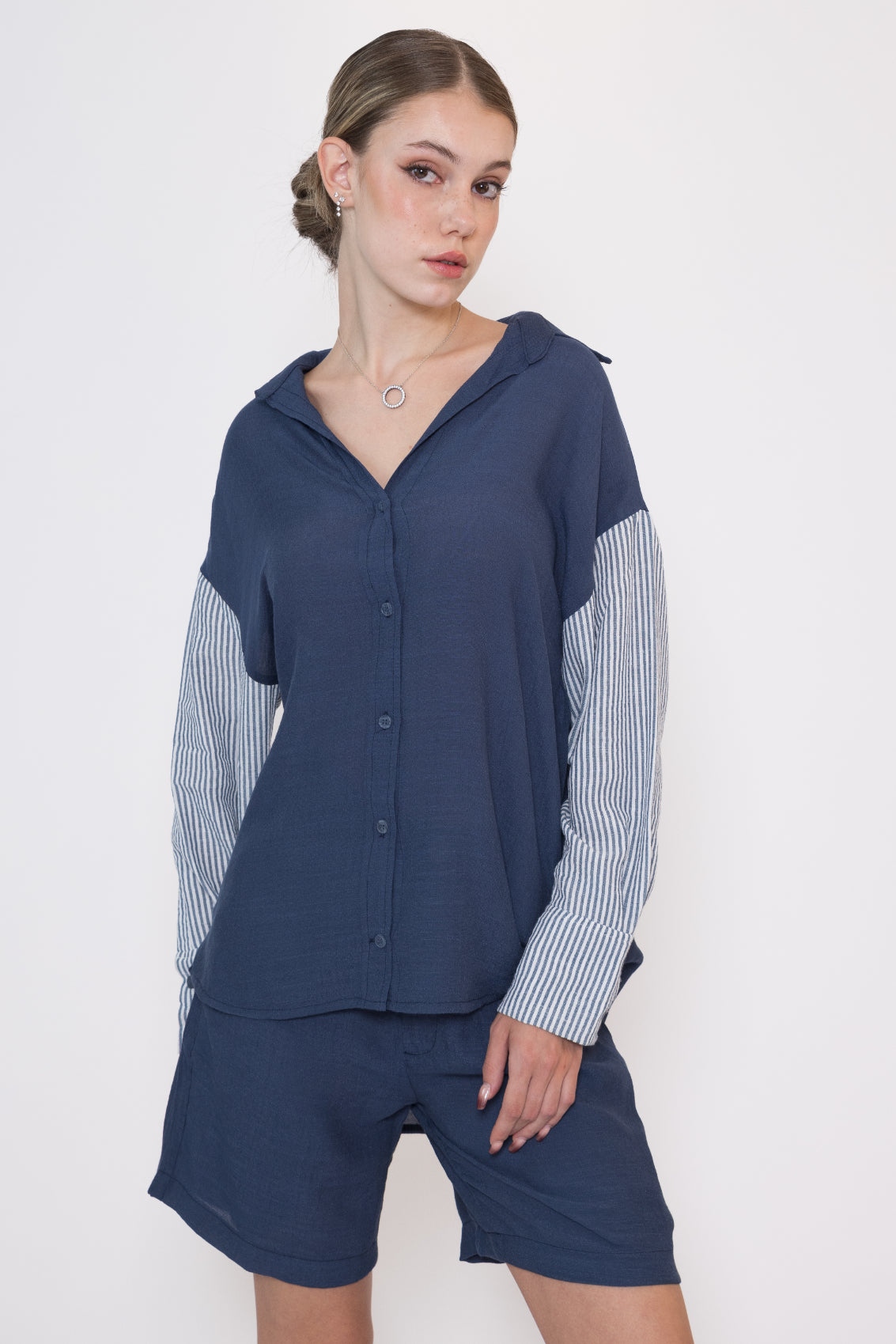 Linen Button Shirt - Navy (Stripes)
