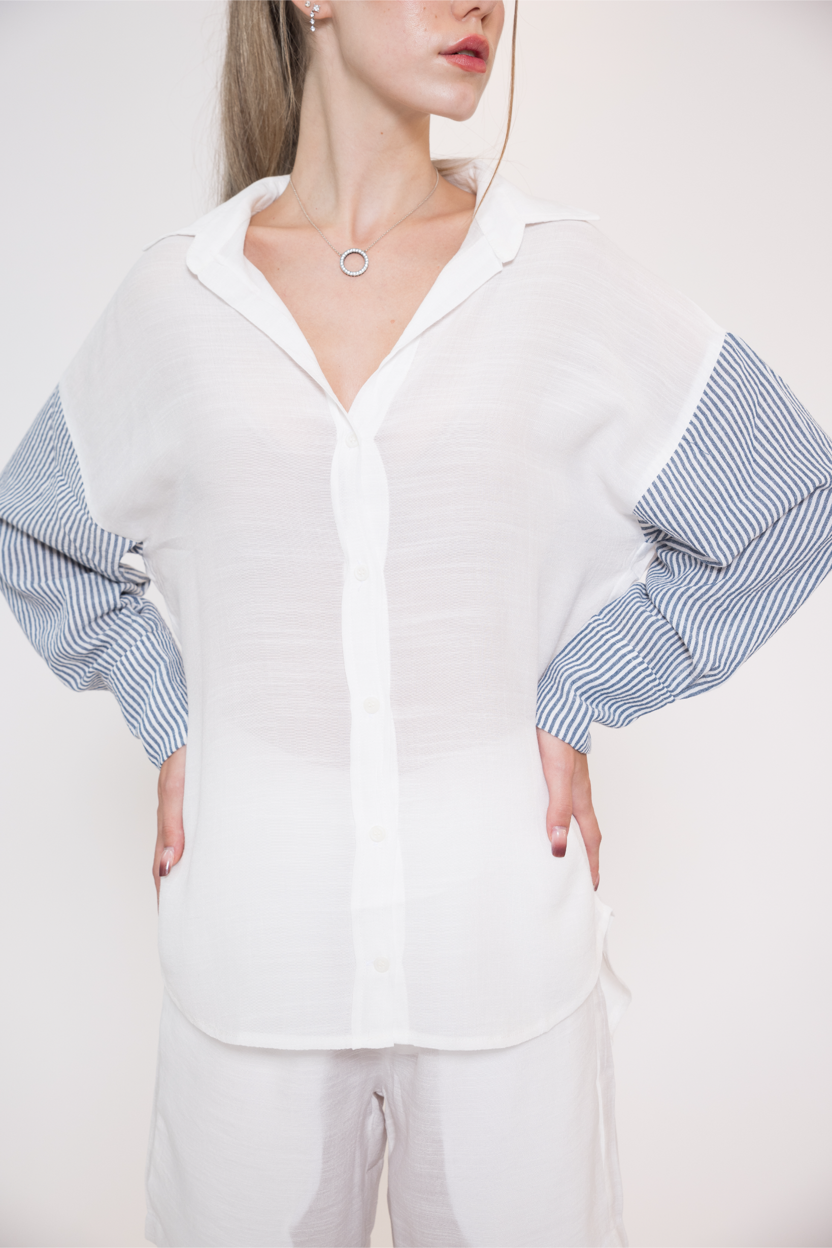 Linen Button Shirt - White (Stripes)