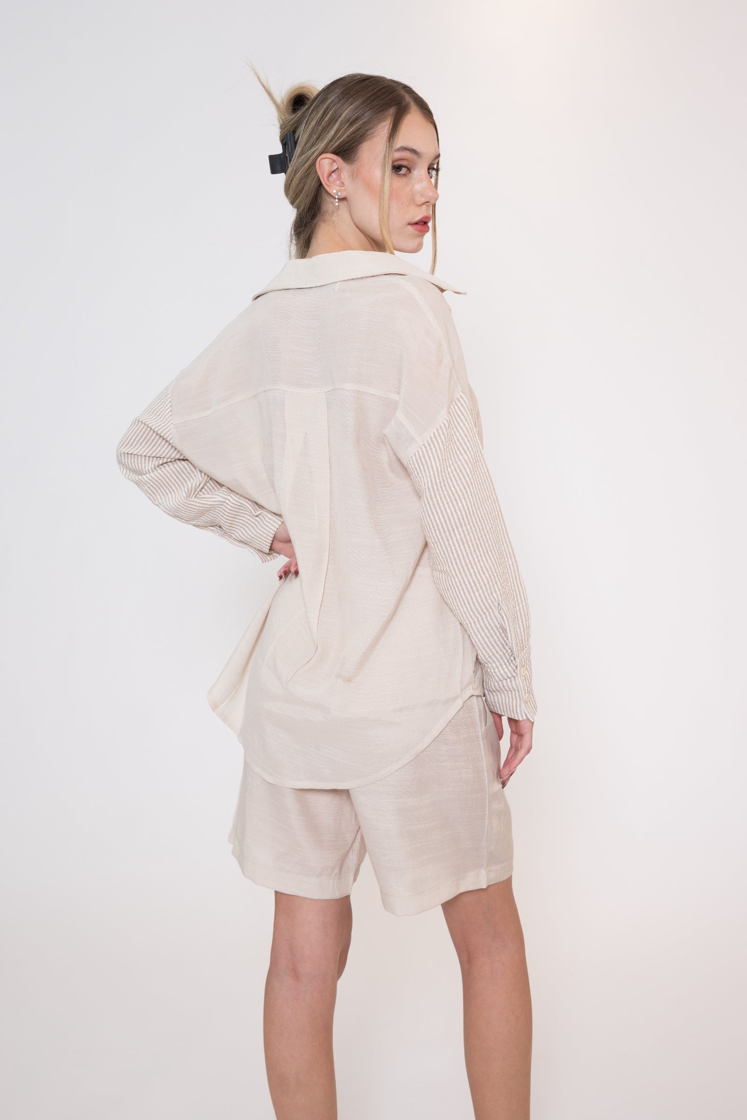 Linen Button Shirt - Off White (Stripes)